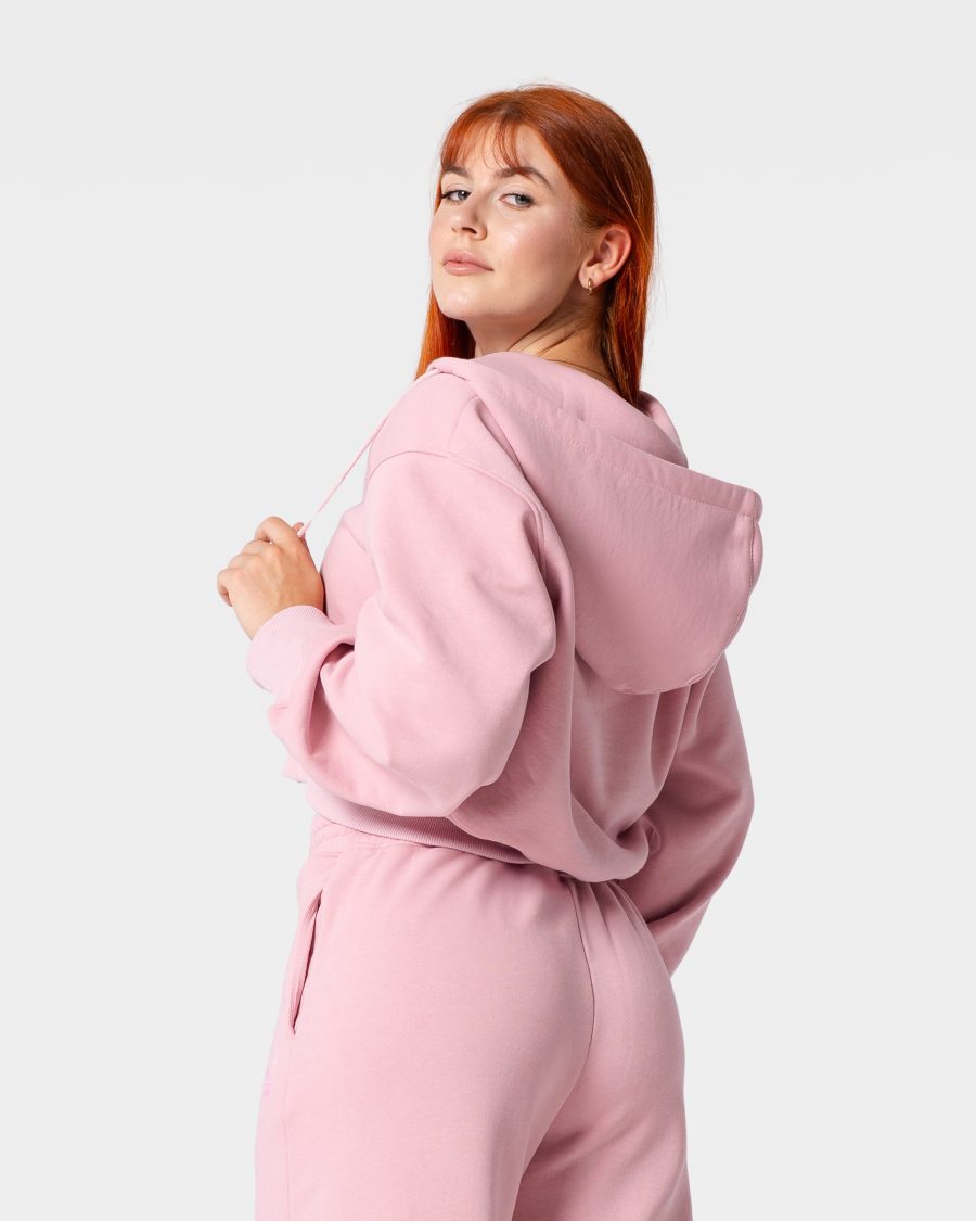 Dres damski różowy. Bluza z metalowym zamkiem. Duży kaptur, szerokie rękawy.